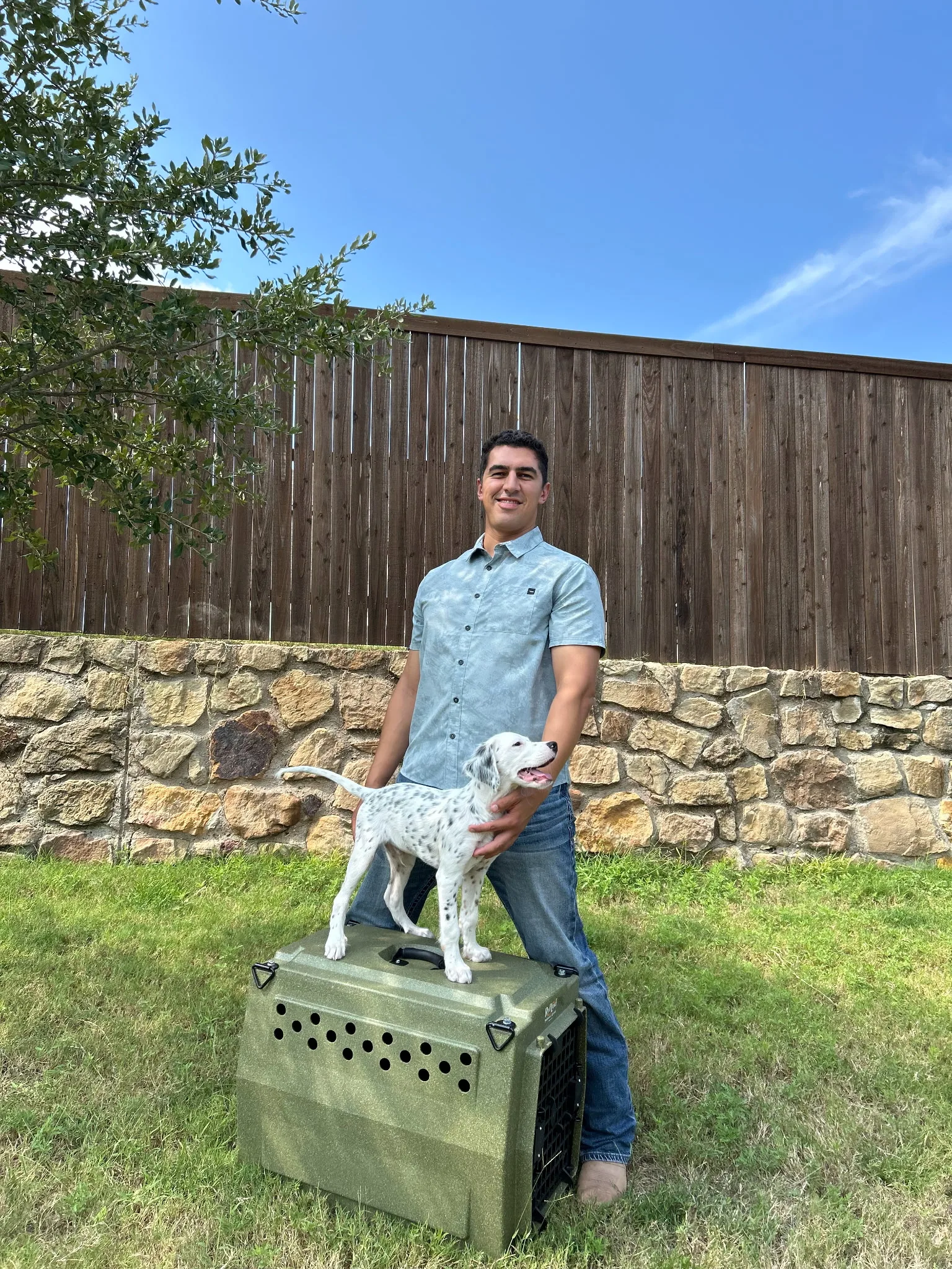 Bird dog posing on crate with trainer and owner