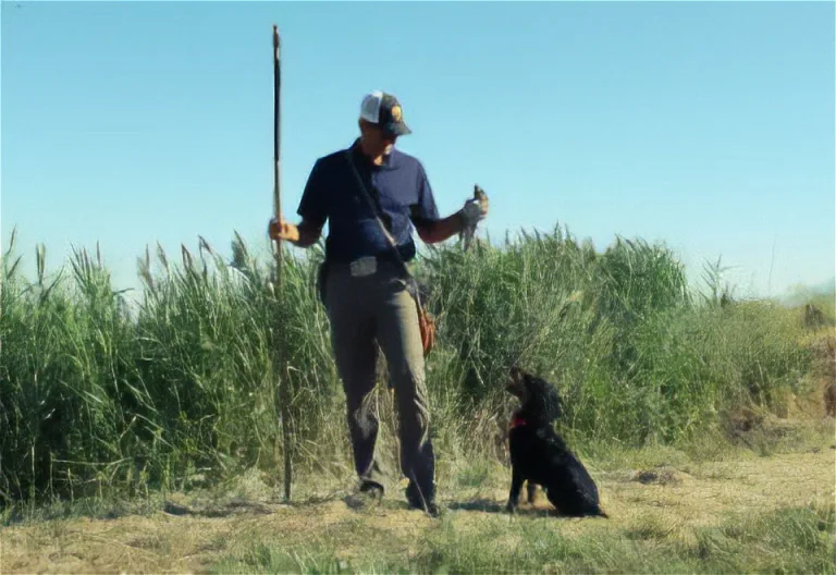 Handler holding bird above gun dog in field